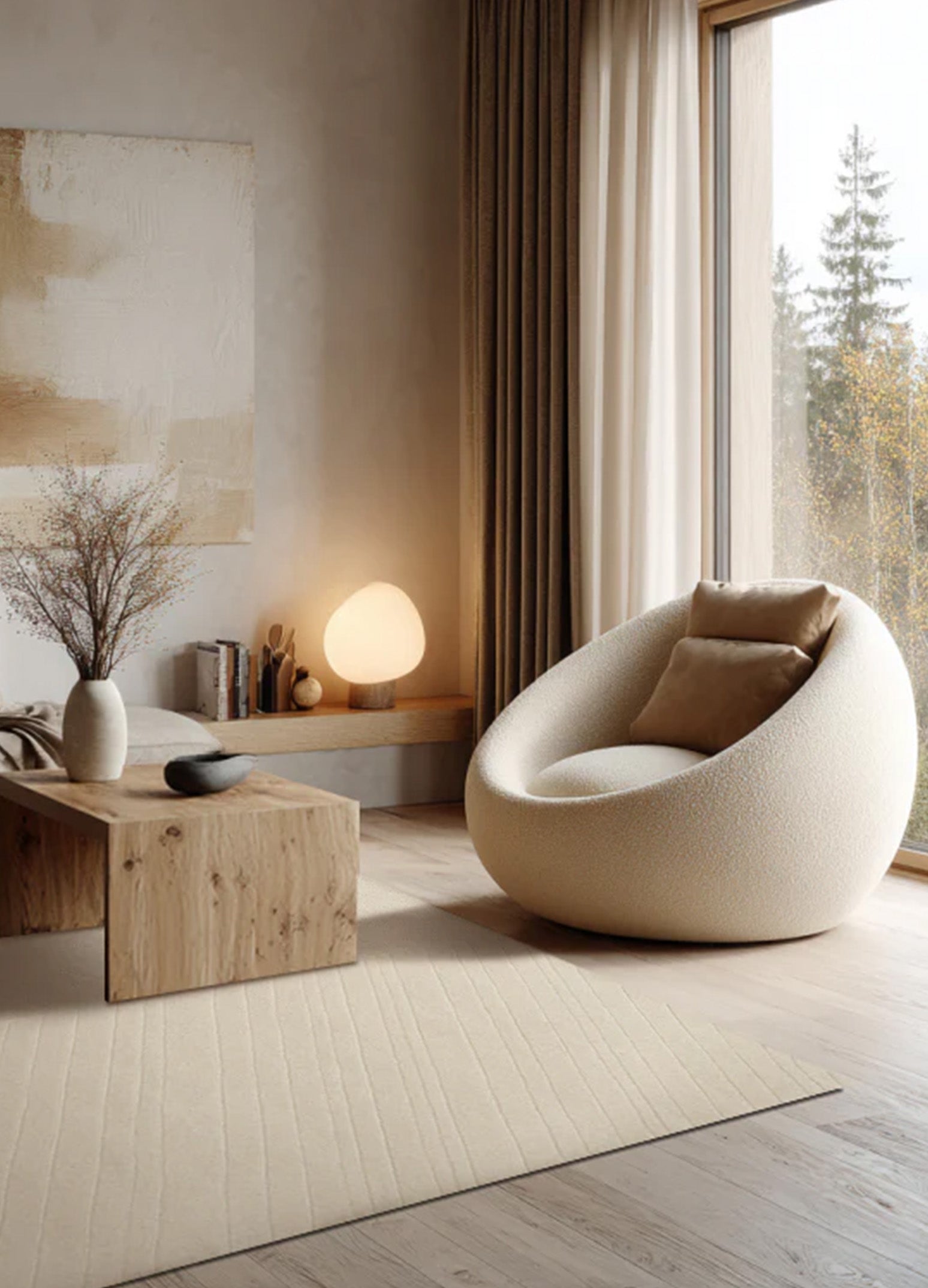 Natūralios vilnos rankų darbo kilimas Japandi styliaus interjere šalia boucle fotelio ir medinio kavos staliuko. Makeyourcasa.lt | Carpetdecor