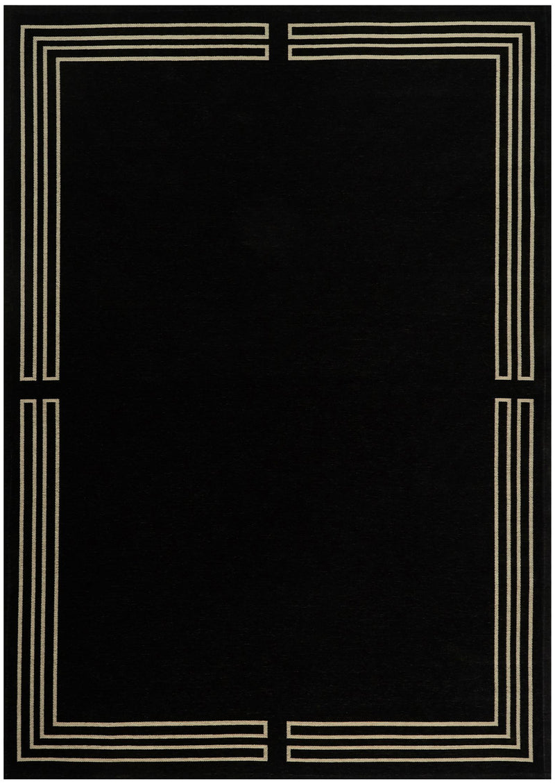 Royal black juodos spalvos kilimas su auksinės spalvos art deco stiliaus juostelėmis