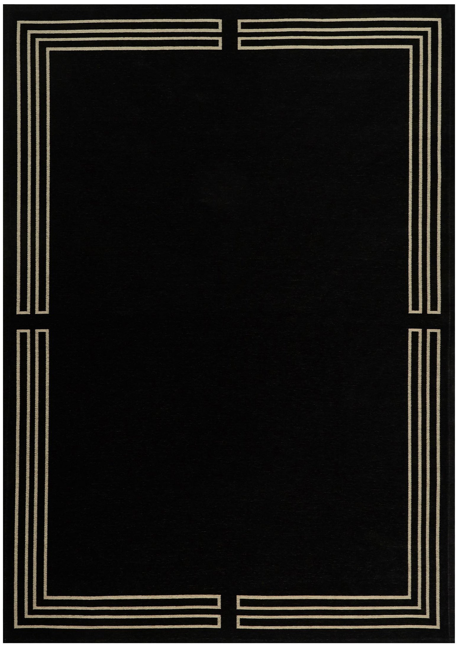 Royal black juodos spalvos kilimas su auksinės spalvos art deco stiliaus juostelėmis