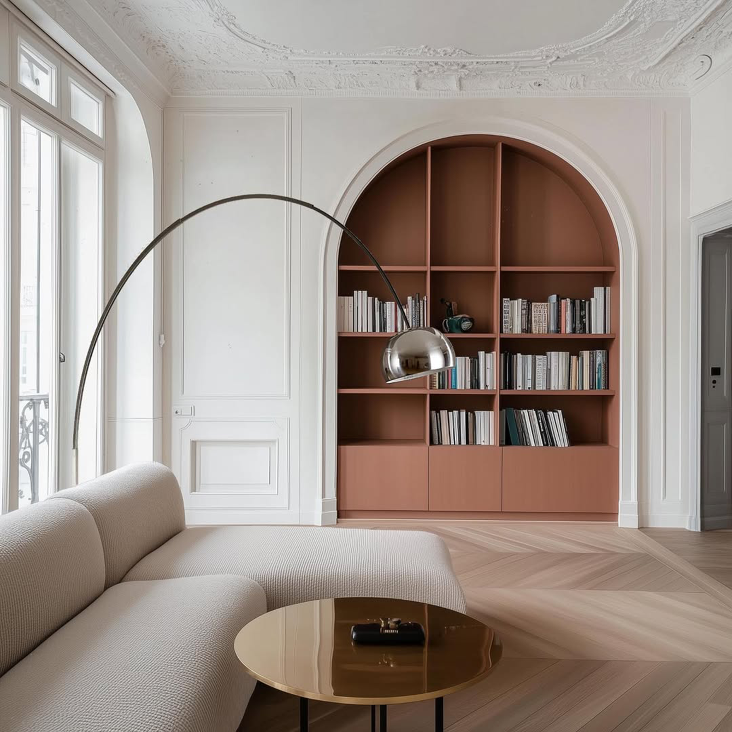 Flos arco pastatomas šviestuvas modernios klasikos interjere