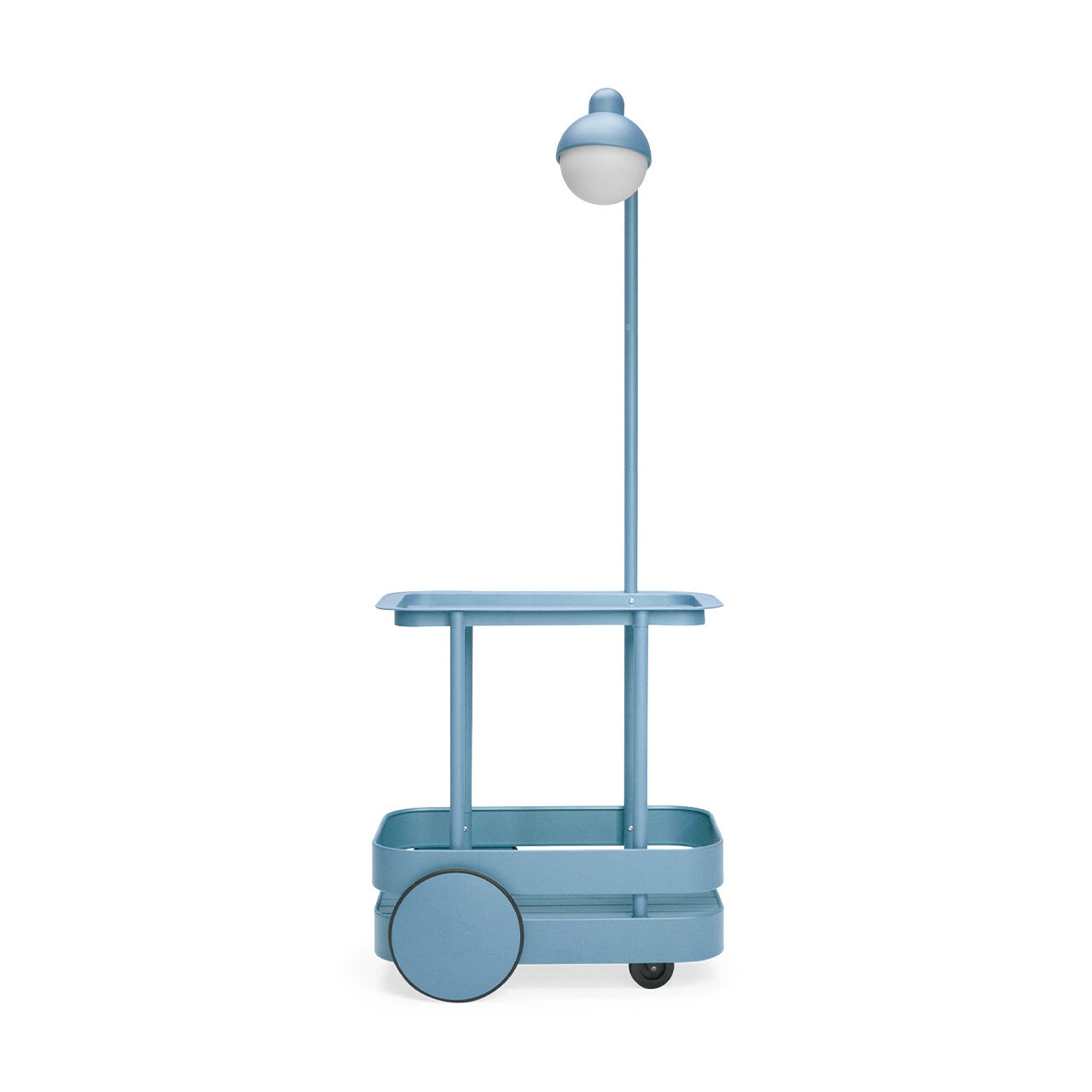 Fatboy gamintojo Jolly Trolley šviesiai mėlynos spalvos mobilus baras su staliuku ir šviestuvu