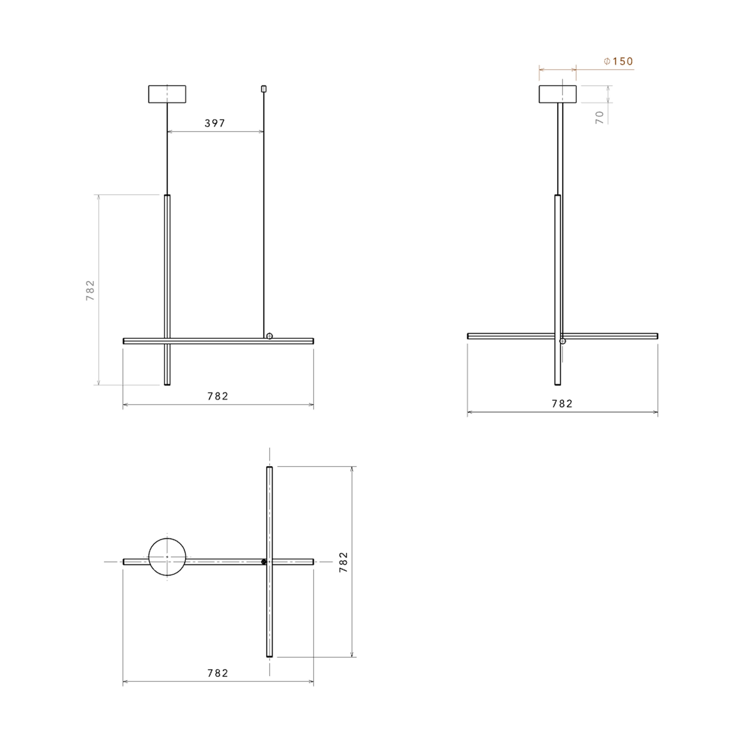 Flos Coordinates Suspension 1 pakabinamo LED šviestuvo techninis brėžinys su matmenimis