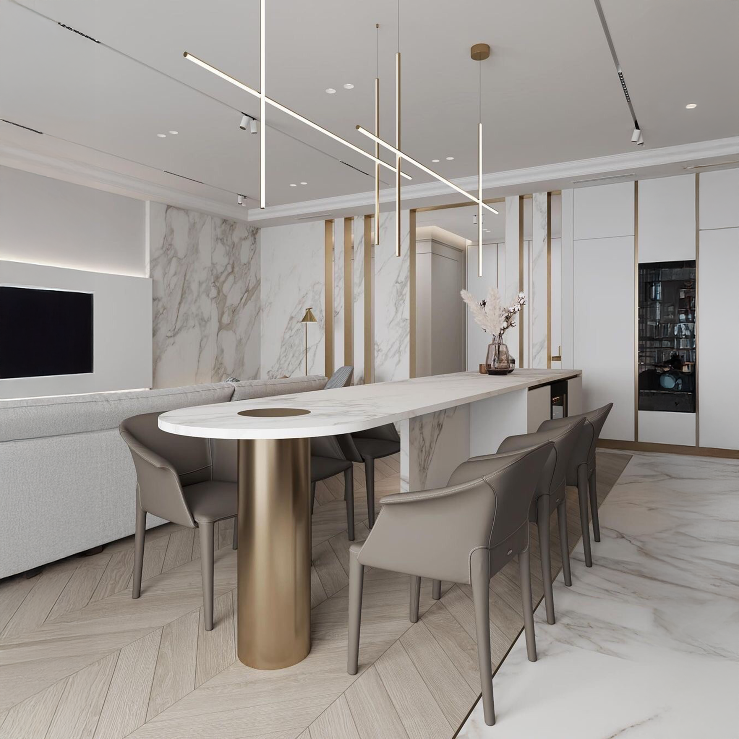 Flos Coordinates Suspension 2 LED pakabinami šviestuvai modernios klasikos interjere virš valgomojo stalo