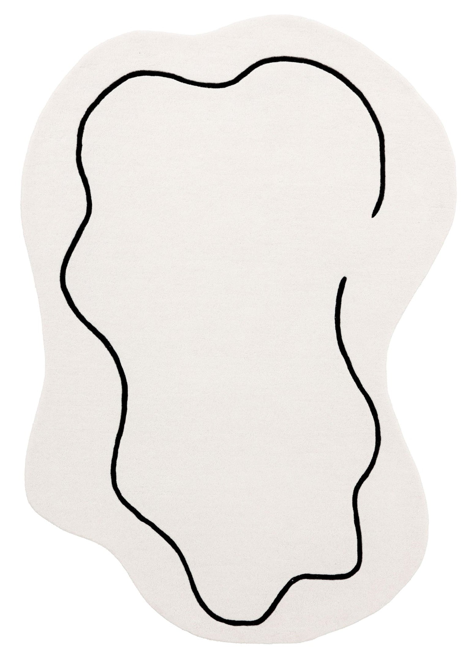 Natūralus šviesios baltos spalvos vilnos kilimas su akcentiniu juodu brūkšniu per vidurį. Kilimas yra netaisyklingos formos pailgas su apvaliais kraštais. Makeyourcasa.lt | Carpet Decor 