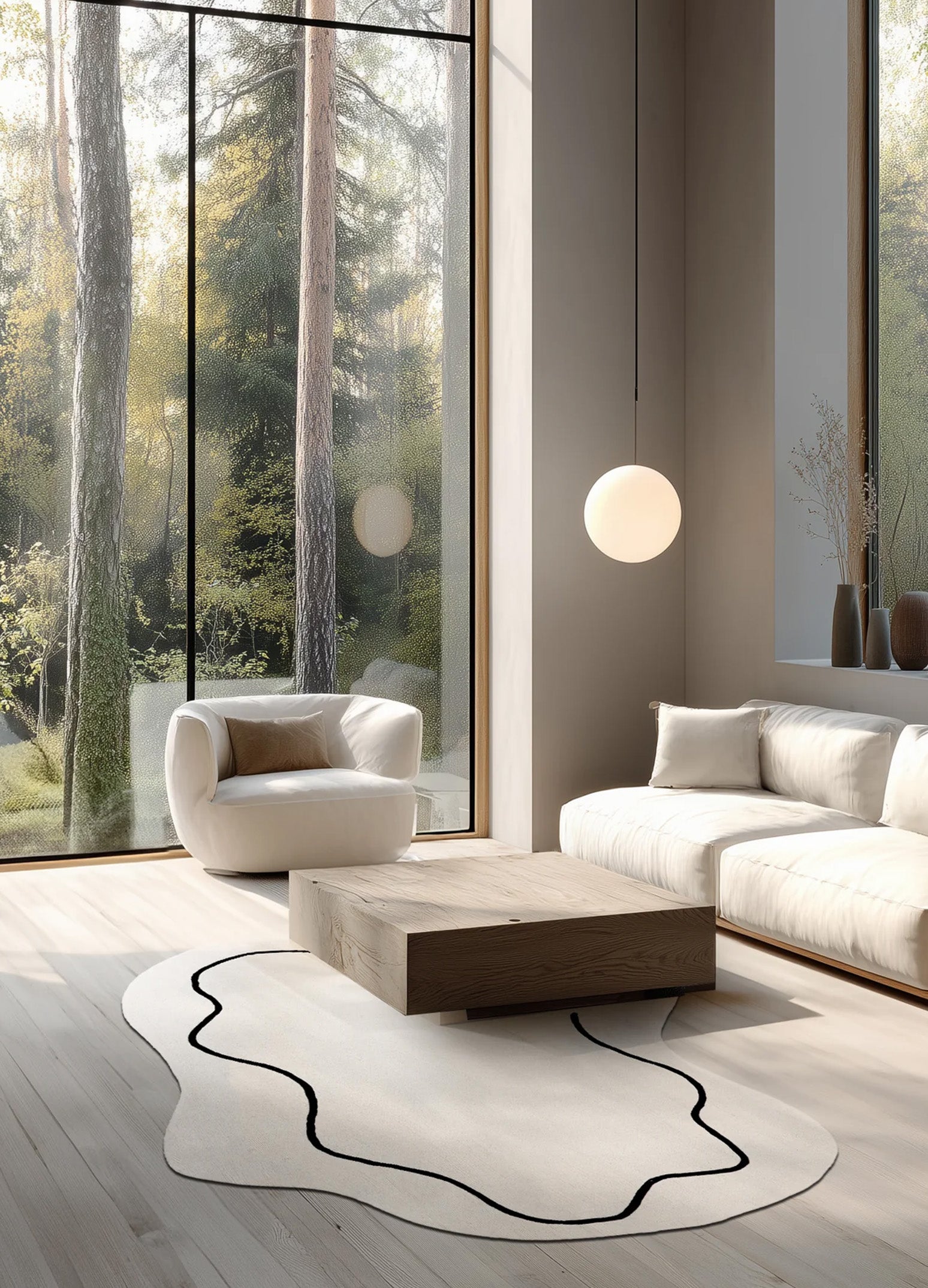 Šviesus natūralios spalvos vilnonis Loop Ivory kilimas Japandi styliaus interjere. 